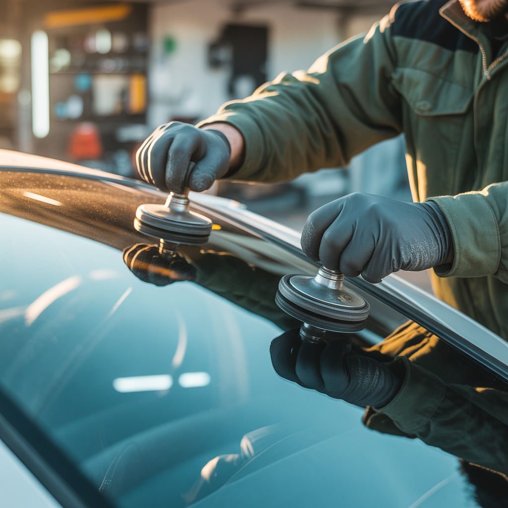 Technicien en cours de remplacement de pare-brise, Centre du Pare-Brise Grand Chasseral à Sonceboz